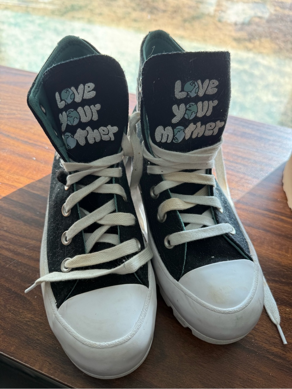 women’s Black High-Top Converse with 'Love Your Mother' Graphic